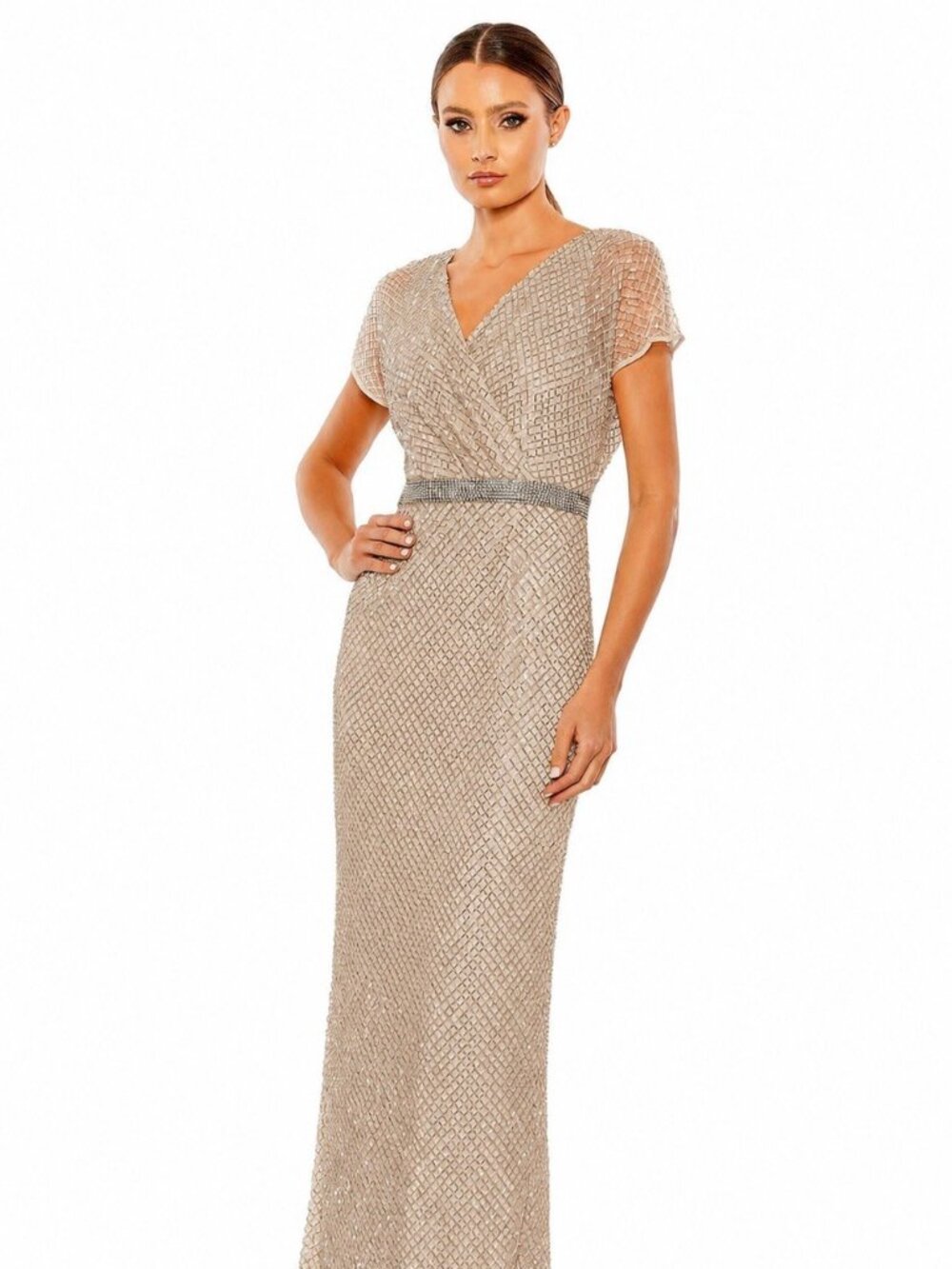 Mac Duggal Size 4 Nude Beige 93994 Beaded Wrap Short Sleeve Formal Gown Dress